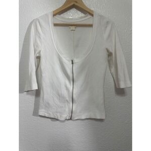 Maeve Anthropologie White Ribbed Zip Front Scoop Neck Elbow Sleeve Top Large